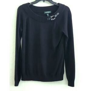 SWEATER-RALPH LAUREN PETITE-Black-Long Sleeves-Round Neck-Silver "Stirrup"-P-M